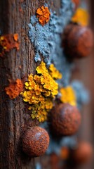 Close-up of weathered wood with colorful lichen