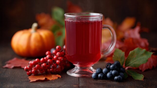 Warm cranberry elixir amidst autumn leaves and pumpkin, celebrating Samhain whispers and Cranberry Relish Days vibrant embrace