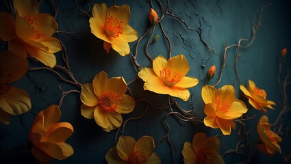 Vibrant yellow blooming flowers and brown branches artistically arranged on a textured dark teal background.