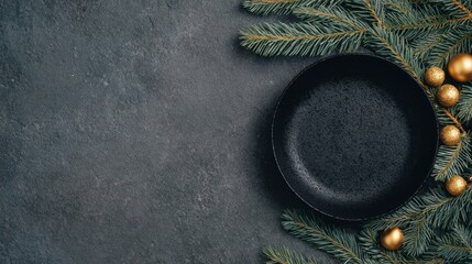 Unearthed iron cauldron cradled by pine fronds and glistening golden baubles, channeling Yule festiveness and solstice magic