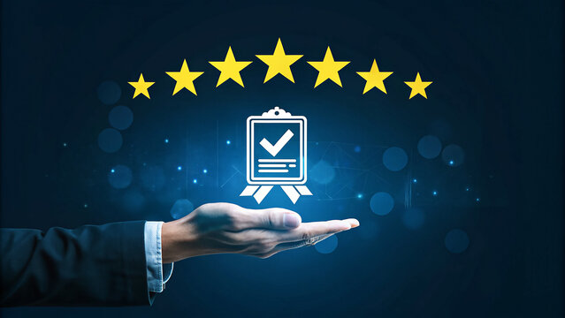 Hand displays quality assurance icon, stars, with a bokeh texture on a navy backdrop for branding and website graphics. - Powered by Adobe