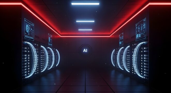 Ai data center futuristic server room with neon lights for cloud computing concept - Powered by Adobe