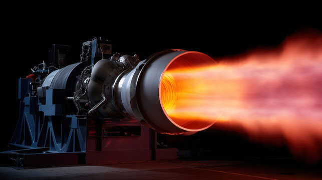 Rocket engine test fire with bright orange flame and dark background showing mechanical details and heat energy