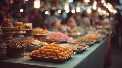 Fototapeta premium Vibrant street food market showcasing a variety of colorful dishes and desserts