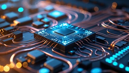 Intricate circuit board design showcasing digital technology and electronic hardware.