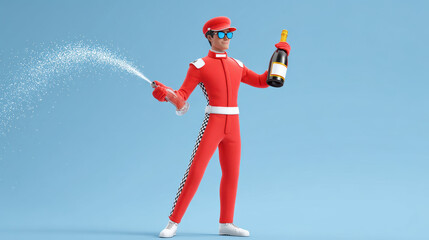 Obraz premium Race car driver celebrating with champagne bottle spraying sparkling liquid on blue background
