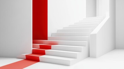 Obraz premium Red carpet on white stairs leading upwards in modern minimalist architecture.