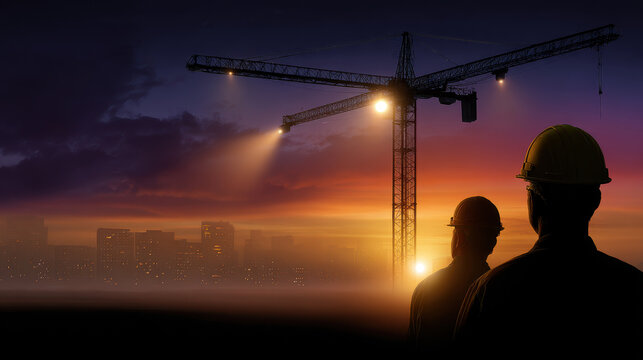 Construction crane at sunset with two workers wearing safety helmet observing site with city skyline and fog in background