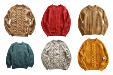 Six Knitted Sweaters in Beige Red Brown Teal Gray and Yellow on Transparent Background