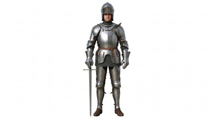 Naklejka premium Full shot of a man in shining armor with a sword standing on a white background looking at the viewer