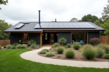 A Modern Sustainable house with sleek solar panels integrated into a flat roof, framed by minimalist landscaping