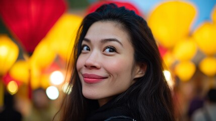 Fototapeta premium In a vibrant sea of lanterns, a smiling Asian woman revels in the Moon Festival's kaleidoscopic glow