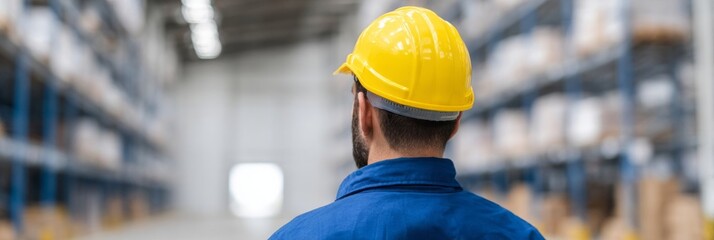 A bearded construction worker, clad in royal blue, strolls through an endless warehouse labyrinth, embodying Labor Day diligence