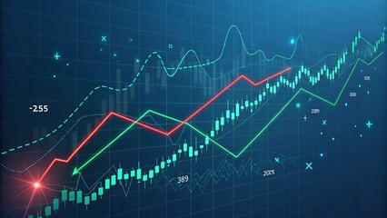 Digital graph of stock market trends with red and green lines on dark blue grid. Modern design with depth, data overlays, and glowing elements for financial analysis visuals.
