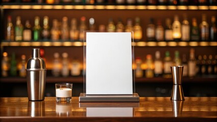 Blank menu mockup stands on a bar counter with cocktail shaker and jigger, perfect for showcasing your bars drink specials