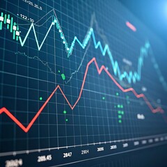 Digital graph of stock market trends with red and green lines on dark blue grid. Modern design with depth, data overlays, and glowing elements for financial analysis visuals.