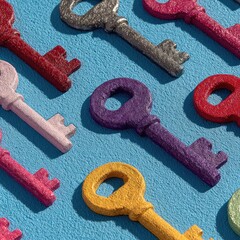 Colorful keys arranged on a light blue background