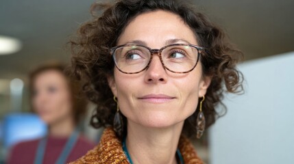 Curly-haired woman of Caucasian descent, radiating wisdom, ponders enigmatically, capturing quiet introspection on World Thinking Day