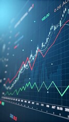 Digital graph of stock market trends with red and green lines on dark blue grid. Modern design with depth, data overlays, and glowing elements for financial analysis visuals.