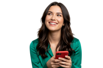 young woman with mobile phone on white