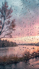 Raindrops on a window with a soft sunset over a lake and trees