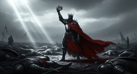 A victorious king in armor stands on a battlefield raising his crown after a bloody battle