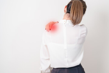 Business Woman having Shoulder Pain for Muscle Inflammation and Sprain, Myofascial ache syndrome...