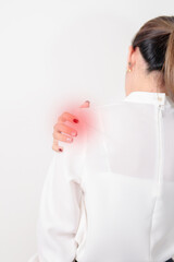 Business Woman having Shoulder Pain for Muscle Inflammation and Sprain, Myofascial ache syndrome...