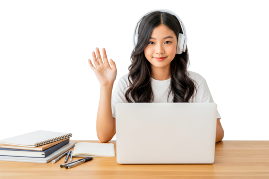 young girl studing with headphones and laptop isolated on white