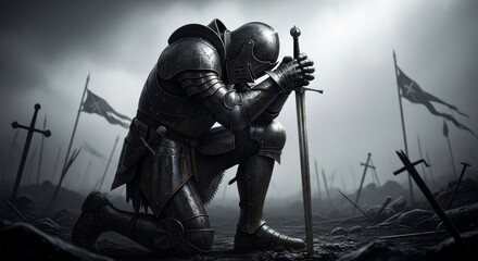 A knight in full armor kneeling with a sword on a battlefield with flags and swords in the background