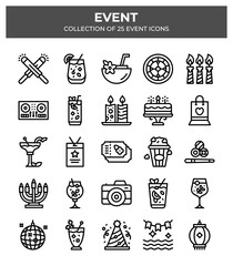 Collection of 25 Event Icons. Party. Celebration. and Event Planning Supplies