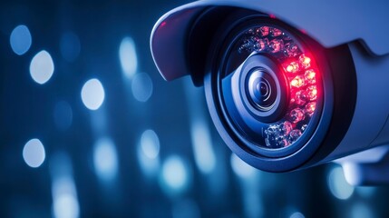 Close-up of a security camera lens with red LEDs illuminated against a blurred blue background.