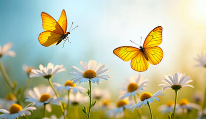 Beatiful butterflies flutter gracefully over a sunlit field. AI-Generated