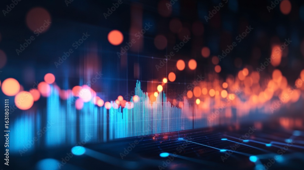Poster abstract glowing financial data graph showing market trends and growth.