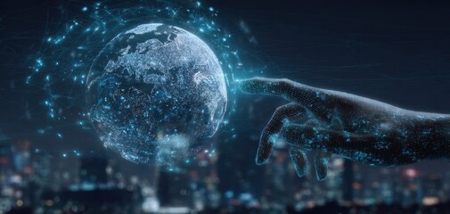 The futuristic hand reaching towards a digital globe of interconnected data.