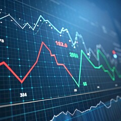 Digital graph of stock market trends with red and green lines on dark blue grid. Modern design with depth, data overlays, and glowing elements for financial analysis visuals.