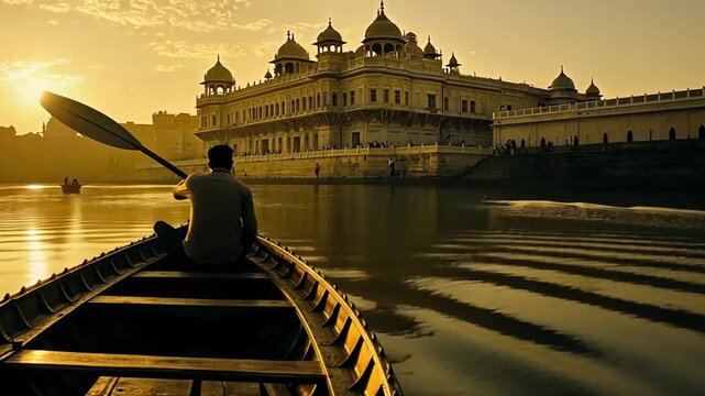 Golden hour serenity rowing in Ayodhya's sacred Saryu River towards historical site