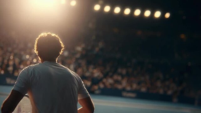 A player holds a tennis racket in a busy stadium surrounded by cheering spectators, demonstrating the energy and competitive spirit of the game at the US Open