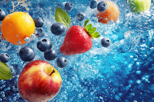 assortment mix of fresh sweet fruits and berries falling into the water with splashes and bubbles. Ripe fruits and berries on a creative blue background - Powered by Adobe