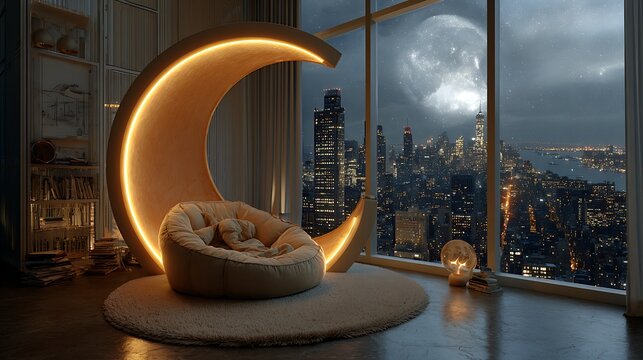 A modern interior with a crescent moon lamp, a comfortable chair, and a stunning city view at night, creating a cozy and dreamy atmosphere