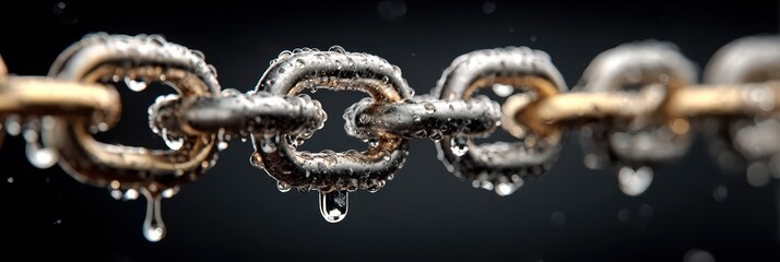 Detailed close-up of a wet metal chain with droplets highlighting its texture and links against a dark background