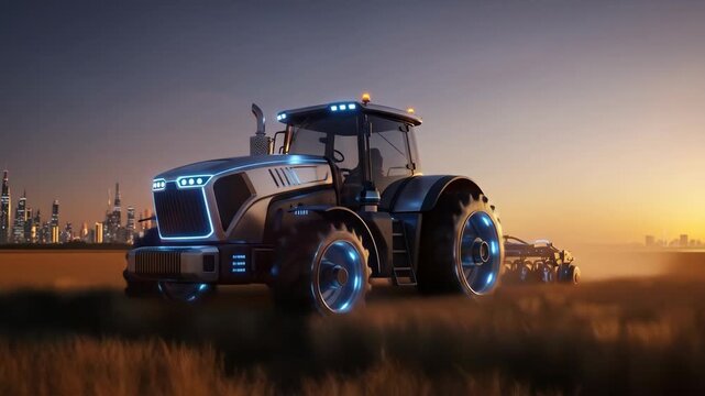 Futuristic tractor with glowing wheels pulls a plow through urban field at sunset, smart agriculture, farm technology footage.