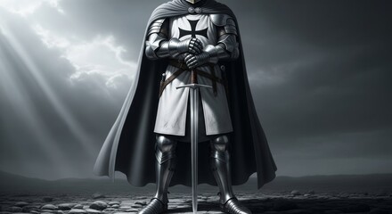 A knight templar in full armor stands with sword on a rocky ground under a dramatic sky with light rays