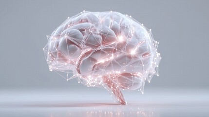 Futuristic Medical Visualization Featuring AI Brain and Illuminated Synapse Connections on White Backdrop