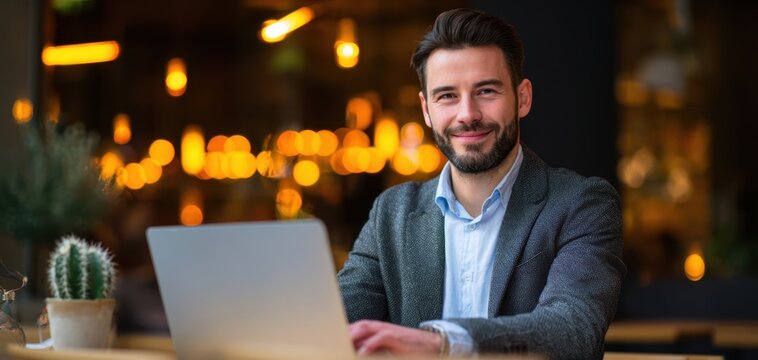 The professional man working on a laptop in a modern cafe setting.
