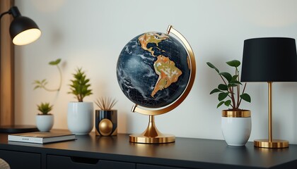 "Stylish Desk Globe Decor with Indoor Plants and Modern Lamp – Minimalist Home Office Interior"