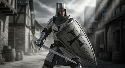 Fototapeta premium A knight in full armor standing with sword and shield in a medieval town setting ready for battle