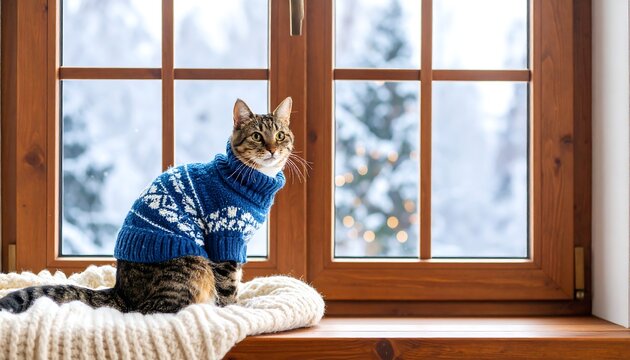 Tabby cat in blue sweater sits on window sill, gazing out at snowy winter scene - Powered by Adobe