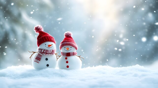 Snowmen wearing red hats stand together in a winter wonderland with falling snowflakes and soft lighting