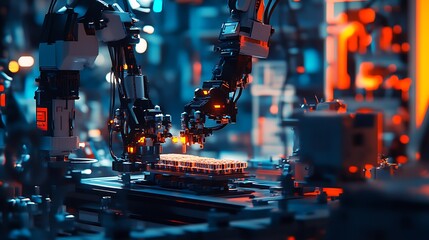Fototapeta premium Robotic Arms Working on Assembly Line in Factory Setting